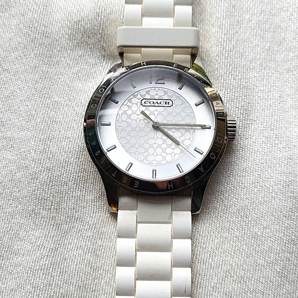 Womens Coach Watch, Silver face White Band